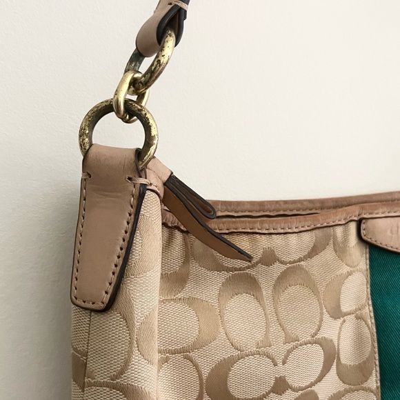 Coach Signature Stripe Green Tan Convertible Hobo Shoulder Bag F29941 Read Notes - Picture 9 of 14